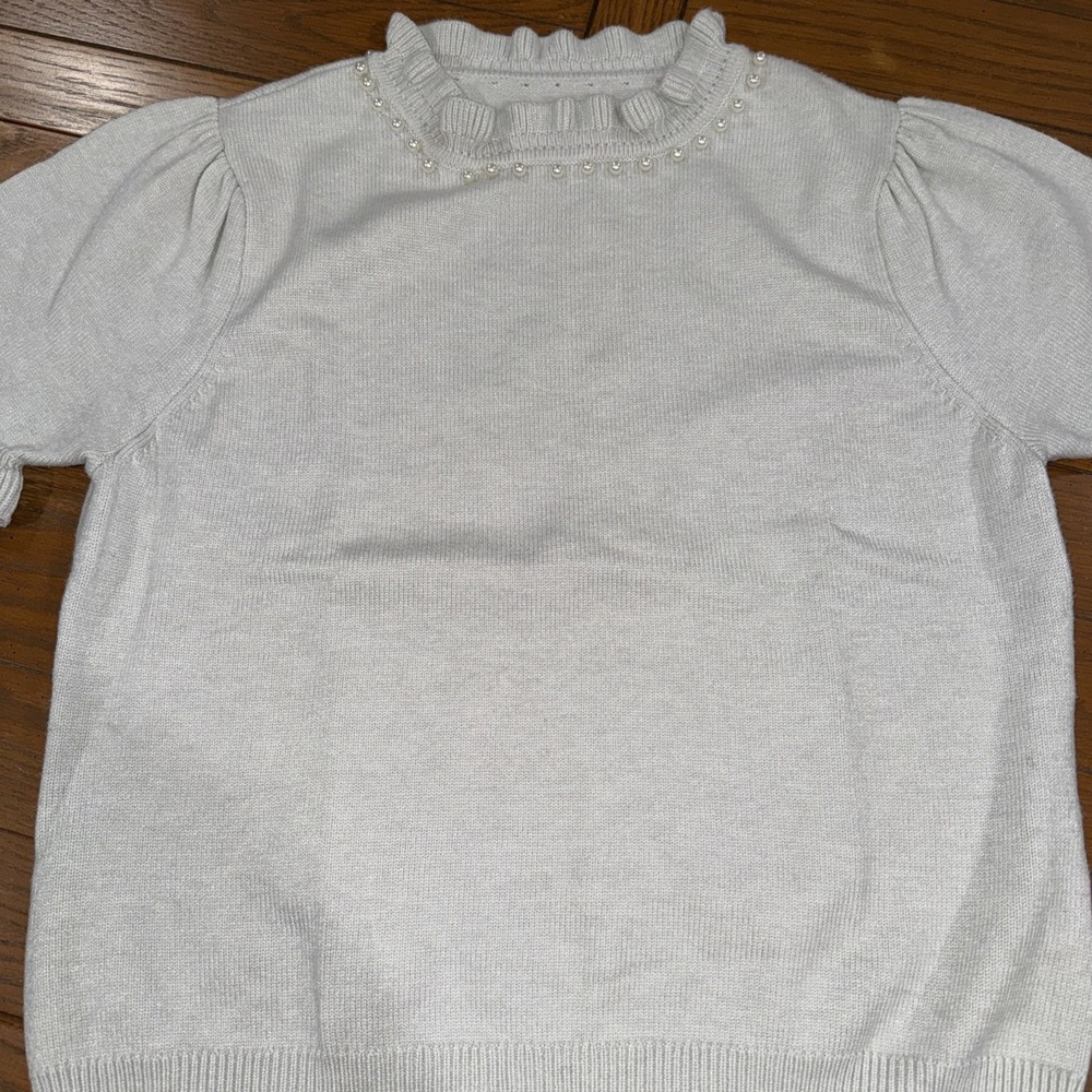 Belldini Women's‎ Sweater Short Ruffle Sleeve Pearl Neck XL Pale Gray